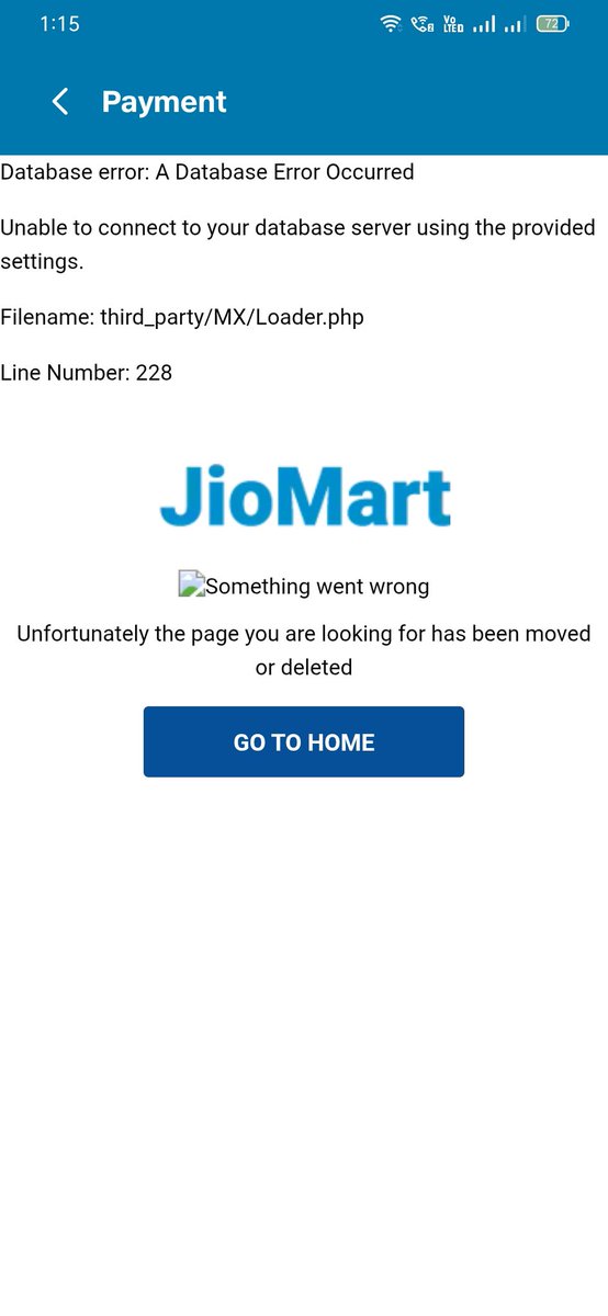 dev_nishank's tweet image. @JioMartIndia Facing a major issue on the app during payment. Getting a &quot;Database Error&quot; with broken links. Please fix ASAP!
📷👇
#JioMart #AppBug #PaymentIssue