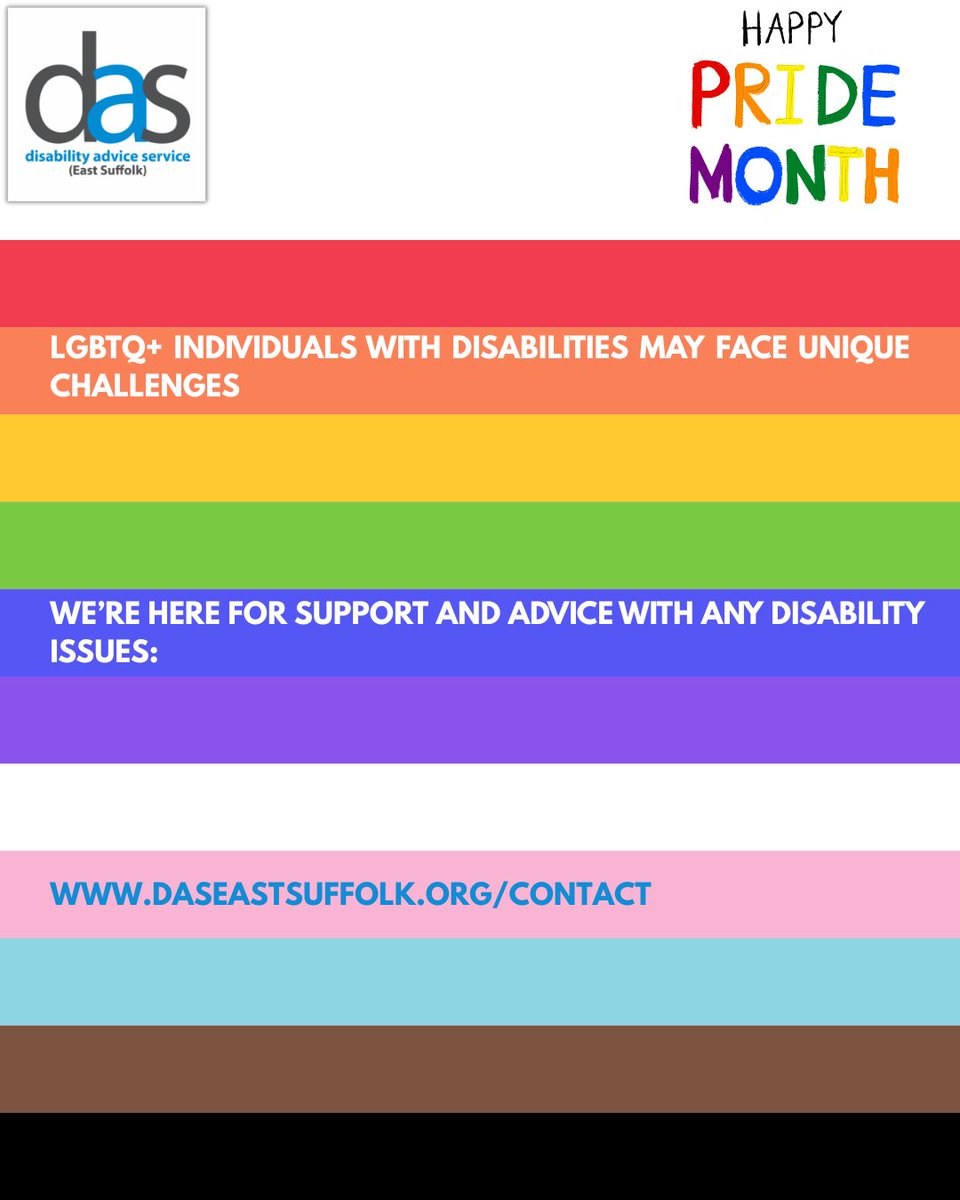 🌈 Welcome to #PrideMonth!
DAS supports #LGBTQ+ individuals with #disabilities, providing inclusive advice and resources.
Need assistance? Contact us: daseastsuffolk.org/contact

#LGBTQSupport #InclusiveServices #DASsupport #disabilityadviceserviceeastsuffolk