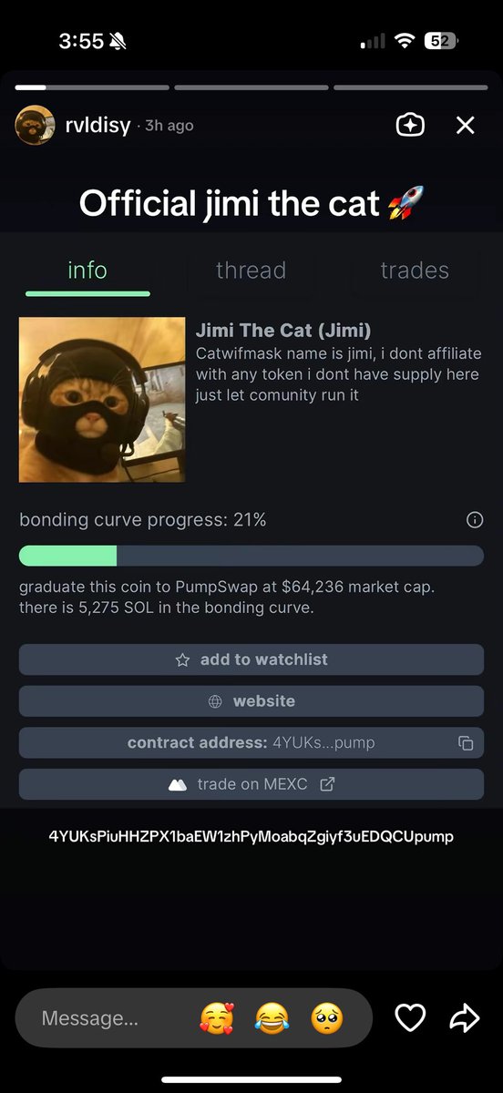 TheCryptoNub's tweet photo. It doesn’t get more official than that my friend.

The owner of the cat with the $mask launched his own coin for his cat, updated the DEX, and posted the ca on his TikTok 👀👀

$mask at 20M 
$jimi at 250k

Do the math 

4YUKsPiuHHZPX1baEW1zhPyMoabqZgiyf3uEDQCUpump

https://t.co/jnqyAbNG5G