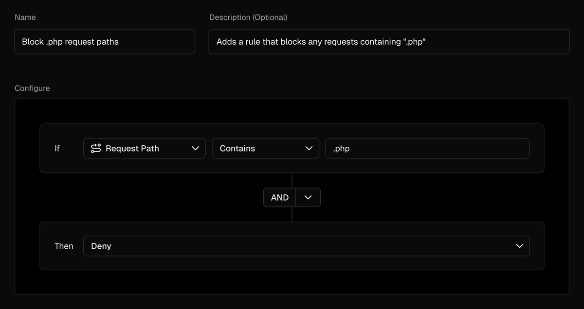 ahudovich's tweet photo. Blocked all bots looking for php vulnerabilities with this custom rule in Vercel Firewall.

Firewall → Configure → + New Rule

Name: Block .php request paths

If "Request Path" - "Contains" - ".php"
AND
Then "Deny"

Save Rule → Review Changes → Publish

Enjoy 🎉 https://t.co/dSpGxo37g5