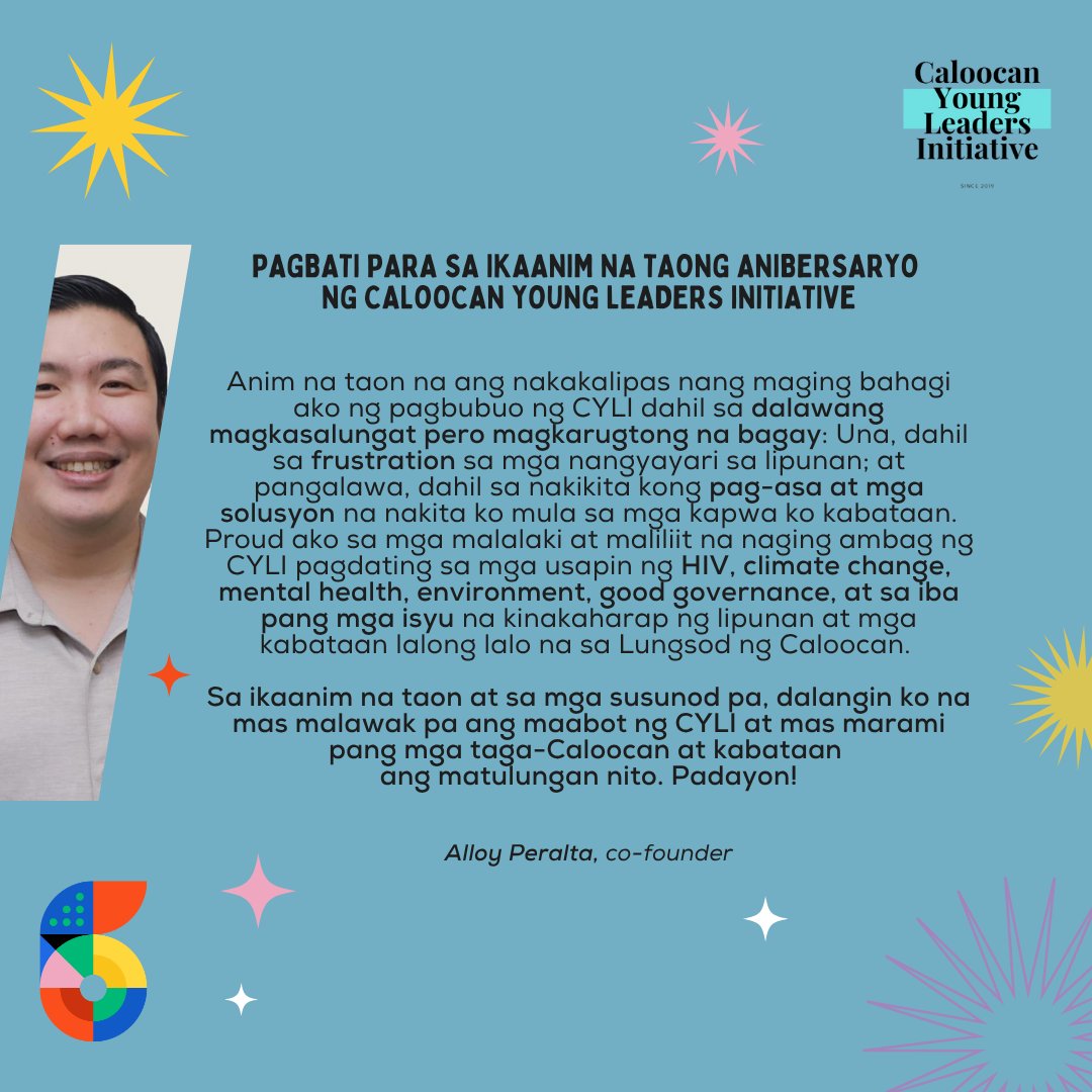 Basahin ang pagbati para sa ika-anim na anibersaryo ng Caloocan Young Leaders Initiative mula sa isa sa mga co-founder na si kuya Marlon Peralta. 🌞

#CYLI6 #CYLI #youthaction #SDGs #sustainability