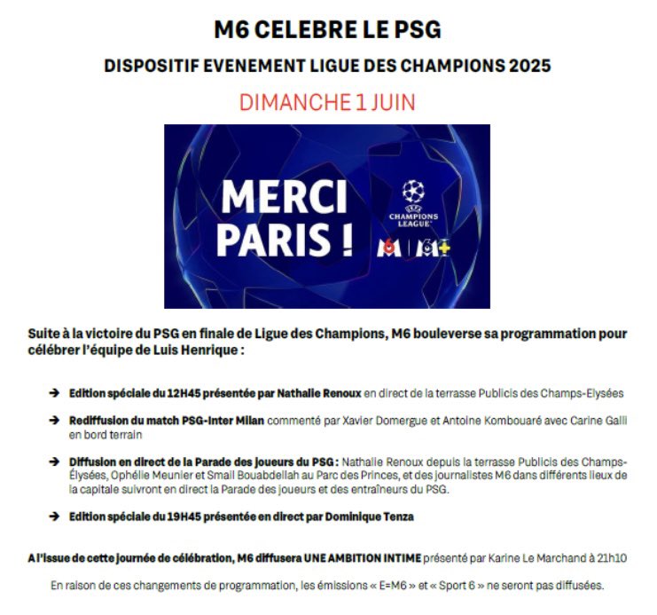 M6Pro (@m6pro) on Twitter photo Aujourd’hui <a href="/M6/">M6</a> célèbre <a href="/PSG_inside/">Paris Saint-Germain</a> avec :
📍Édition spéciale #12.45 par <a href="/NathalieRenoux/">Nathalie Renoux</a>
📍 Rediffusion match <a href="/PSG_inside/">Paris Saint-Germain</a> vs <a href="/Inter/">Inter ⭐⭐</a>
📍 Suivi en direct de la #parade du PSG présenté par <a href="/ophmeunier/">Ophelie Meunier</a> <a href="/SmaBouabdellah/">Smaïl Bouabdellah ⭐⭐</a> et <a href="/NathalieRenoux/">Nathalie Renoux</a>
📍Édition spéciale #19.45 par D. Tenza Aujourd’hui <a href="/M6/">M6</a> célèbre <a href="/PSG_inside/">Paris Saint-Germain</a> avec :
📍Édition spéciale #12.45 par <a href="/NathalieRenoux/">Nathalie Renoux</a>
📍 Rediffusion match <a href="/PSG_inside/">Paris Saint-Germain</a> vs <a href="/Inter/">Inter ⭐⭐</a>
📍 Suivi en direct de la #parade du PSG présenté par <a href="/ophmeunier/">Ophelie Meunier</a> <a href="/SmaBouabdellah/">Smaïl Bouabdellah ⭐⭐</a> et <a href="/NathalieRenoux/">Nathalie Renoux</a>
📍Édition spéciale #19.45 par D. Tenza