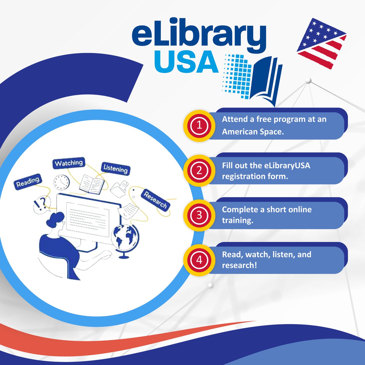 USEmbassyLLW's tweet photo. Looking for high-quality research tools? Explore eLibraryUSA at American Spaces—featuring ProQuest, JSTOR, Kanopy & more!
📍American Center Lilongwe: Old Mutual Building
📍American Corner Mzuzu: Mzuzu University
#USAinMalawi #eLibraryUSA #InspiringTheFuture https://t.co/M0sQ69HKMi