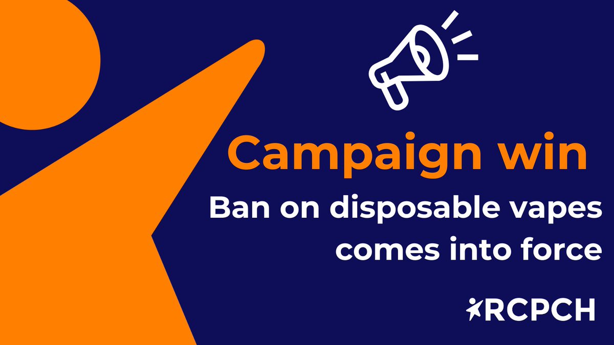 Today the ban on disposable vapes comes into force in the UK.

RCPCH has long fought for this important step to reduce youth vaping and protect children's health.

Read our full response: rcpch.ac.uk/news-events/ne…