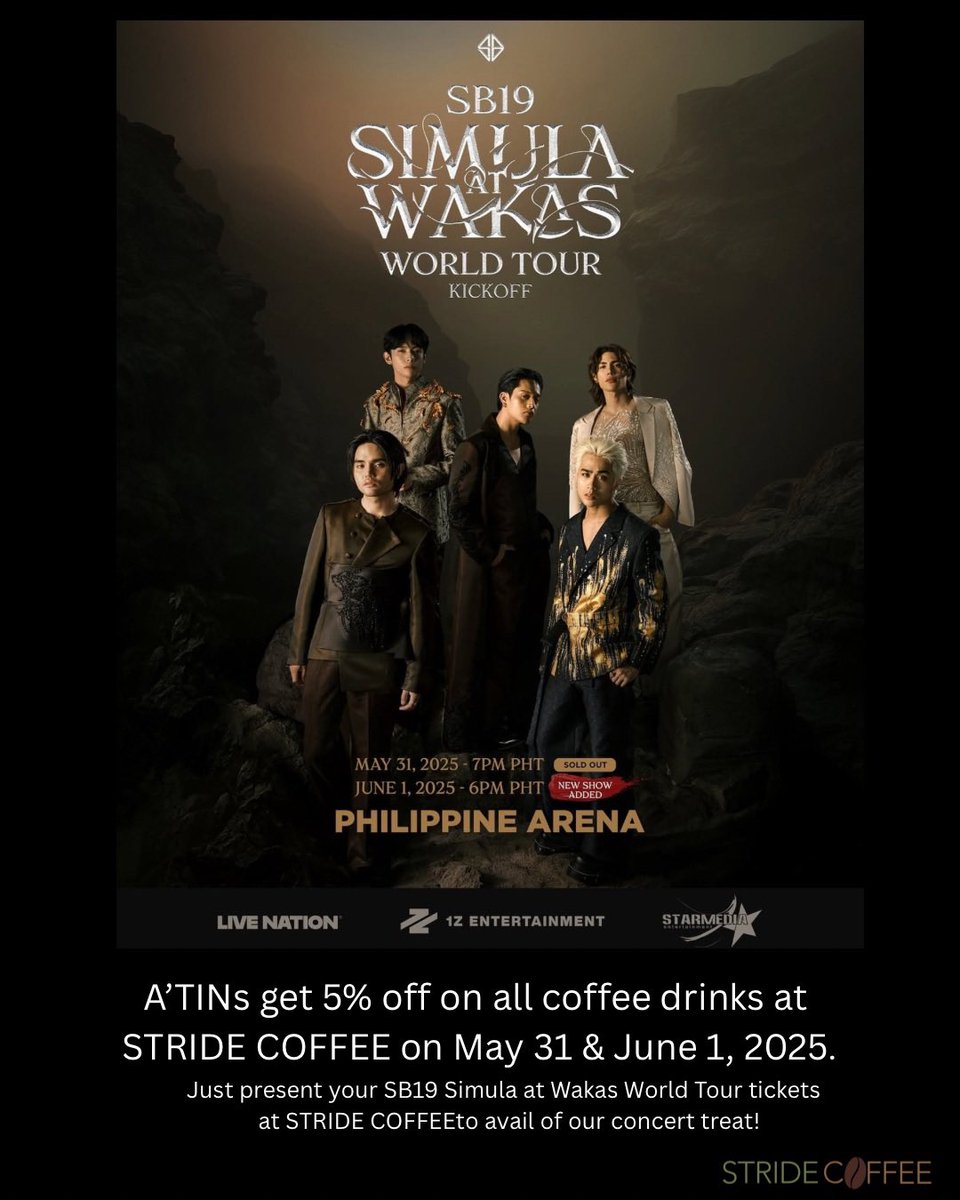 StrideCoffeePH's tweet photo. A’TINs get 5% off on all coffee drinks on June 1, 2025 at Stride Coffee!  Just present your SB19 Simula at Wakas World Tour tickets to avail.  

BLUE OCEAN FOR MAHALIMA
THE WORLD IS YOURS SB19
@sb19official #SB19
#SaWWorldTourPH https://t.co/8QywLwki6U