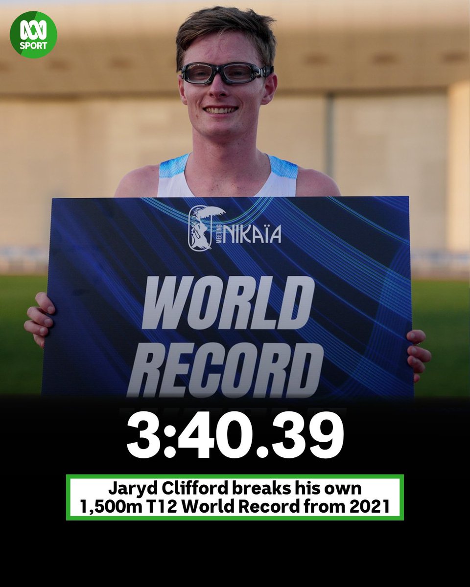 Another world record in the books for <a href="/JarydClifford/">Jaryd Clifford</a>! 🏃

🇦🇺 The Aussie Paralympic star has smashed his own 1500m T12 world record set four years ago, with a time of 3:40.39 at the Meeting Nakaia in Nice, France.

It's the fastest-ever run over the distance by an ambulant