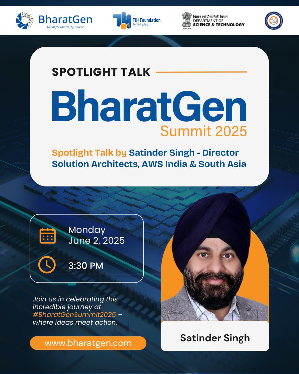 BharatGen (@bharatgen_tech) on Twitter photo Get ready for deep insights from the cloud to GenAI!
Satinder Singh, Director of Solution Architects at <a href="/awscloud/">Amazon Web Services</a> <a href="/AWSCloudIndia/">AWS Cloud India</a> India & South Asia, joins us at BharatGen Summit 2025.
#GenAISummit2025 #Bharaten #AWSIndia #CloudForAI #AIInfrastructure #IndiaAI #SpotlightTalk Get ready for deep insights from the cloud to GenAI!
Satinder Singh, Director of Solution Architects at <a href="/awscloud/">Amazon Web Services</a> <a href="/AWSCloudIndia/">AWS Cloud India</a> India & South Asia, joins us at BharatGen Summit 2025.
#GenAISummit2025 #Bharaten #AWSIndia #CloudForAI #AIInfrastructure #IndiaAI #SpotlightTalk