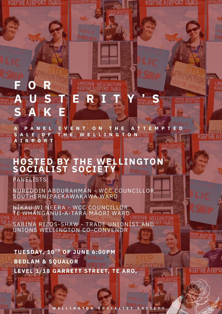 For Austerity's Sake: A panel event on the attempted sale of Wellington Airport.

Do join us from 6:00pm, Tuesday, 10th June at Bedlam &amp; Squalor.