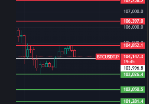 $BTC 大饼夜间刚好反弹第一压力位就开始回踩，今天留意104000这个位置，只要不跌破此位置，那1-2小时级别依旧处于反弹行情，上方压力位留意104850-106400-107740这几个位置附近！

如果今天1-2小时级别收线跌破104000这个位置，支撑位留意103030-102050-101280这几个位置附近！
#BTC走势分析