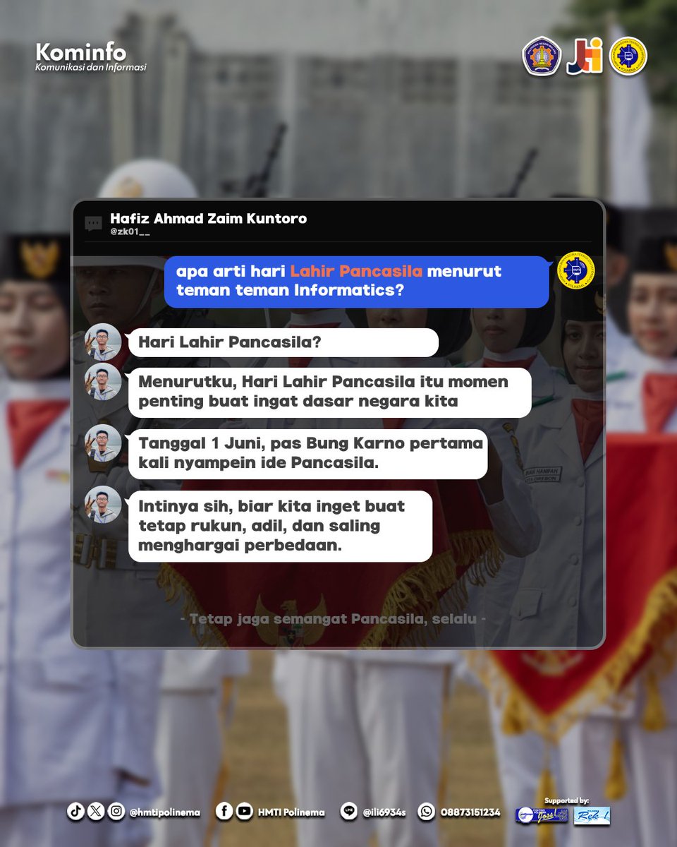 HMTIPolinema's tweet photo. Bukan soal pidato Bung Karno saja, tapi soal perjuangan ide dan identitas bangsa yang disusun dengan serius!

Selamat Hari Lahir Pancasila ✨

Tepat tanggal 1 Juni itu bukan cuma tanggal libur, tapi bukti perjuangan dan ide besar para tokoh bangsa. https://t.co/x6py4g9OSR