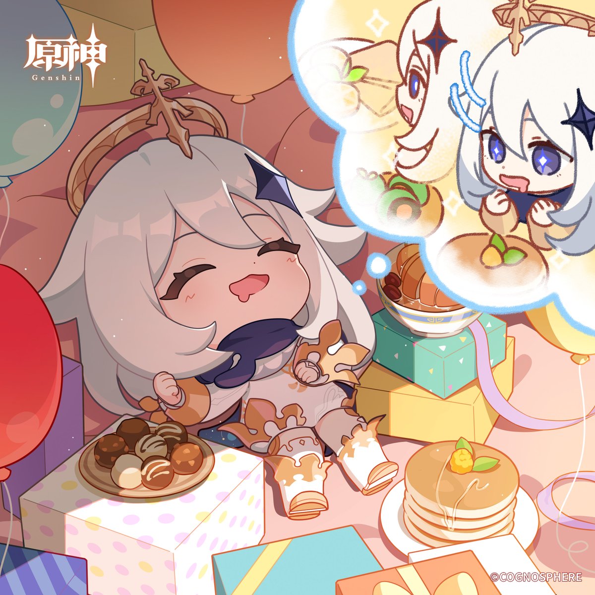 Genshin_7's tweet image. #原神_キャラ生誕祭
【#パイモン生誕祭2025】
「ふうっ、満腹満腹！これ以上は食べられないぜ～」