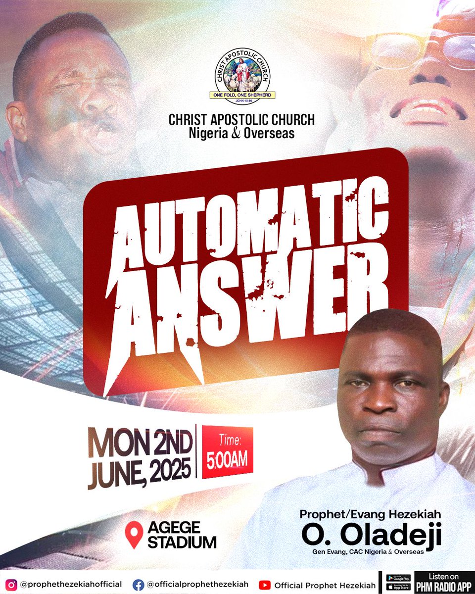 phm_live's tweet image. 🔔 TODAY IS THE DAY!

📍 Agege Stadium, Lagos

🕔 5:00 AM

🗓️ Monday, June 2

⛪ Prophetic Morning Encounter

🎤 A divine response awaits you. Don’t miss your moment!

Drop a 🕊️ if you’re on your way or already there!

#AutomaticAnswer #ItIsTime #DivineResponse #AnsweredPrayers