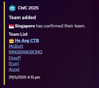 ekseff_'s tweet photo. CWC 2025 Team Singapore 

All the 👴 uncs coming back yay

He Ang CTB (c) @CaiHeAng 
Mcbutt
BingBangBong
Ekseff
[Eun] @eun_ctb 
Accel

We just here to bing chilling ❄️ https://t.co/YVsQEaenOA