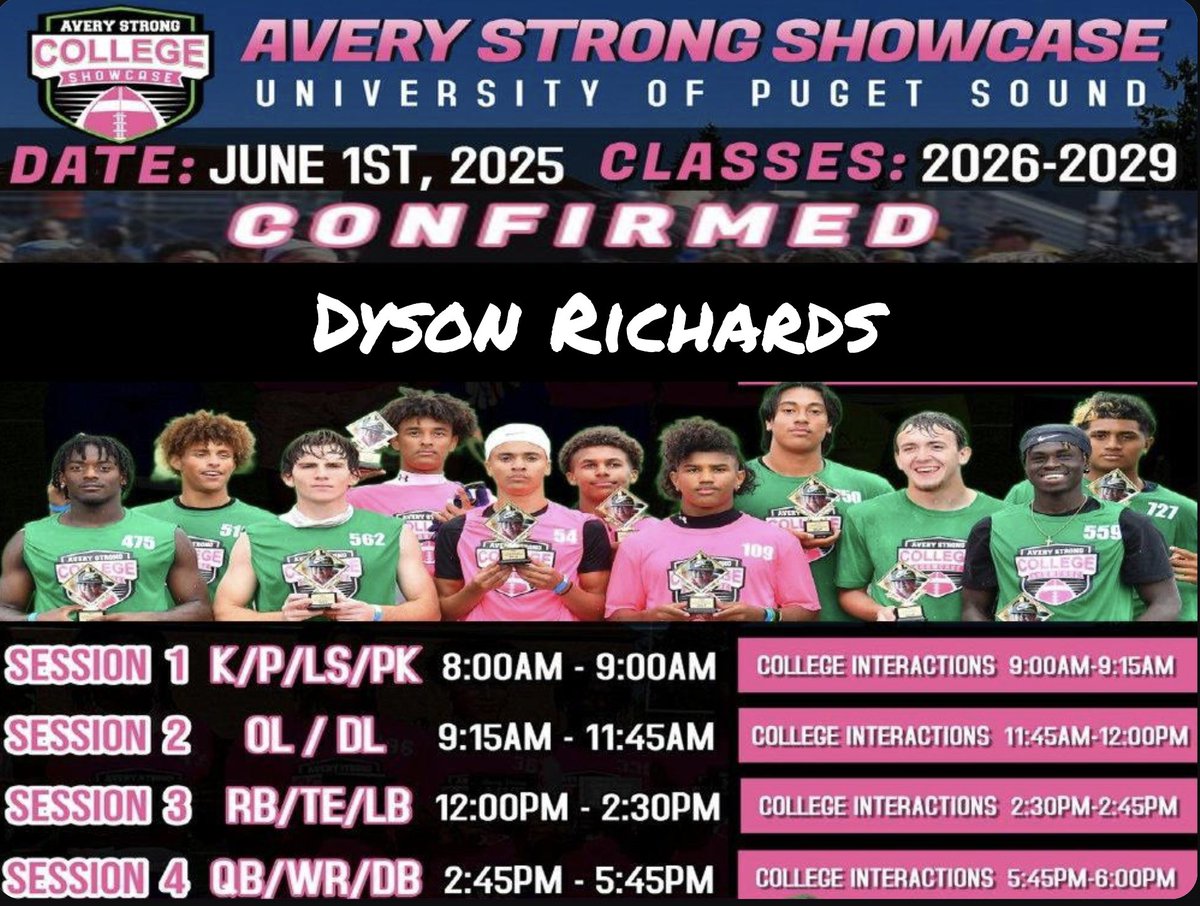 Dyson Richards (@dysonrichards26) on Twitter photo Excited to get out and compete tomorrow at <a href="/AveryShowcases/">Avery Strong Showcases</a>! I'll be in Session 3. Come find me!
<a href="/BrandonHuffman/">Brandon Huffman</a> <a href="/FWhittinghamJr/">Fred Whittingham Jr.</a> <a href="/CoachJeddFisch/">Jedd Fisch</a> <a href="/CoachTFord/">Thomas Ford Jr</a> <a href="/TheHC_CoachLew/">🔴 Sean Lewis ⚫️</a> <a href="/Coach_Eck/">Jason Eck</a> <a href="/LOGGER_LBCOACH/">UPS Loggers Coach Jeff Schmidt</a> <a href="/RossApoWR_EZ/">Ross Apo🇹🇴</a> <a href="/PrepRedzoneUT/">Prep Redzone Utah</a> <a href="/utahpreprag/">Utah Prep Rag</a> <a href="/SlingintheP/">Slingin’ the Pill Media™️</a> <a href="/GregBiggins/">Greg Biggins</a> <a href="/PGregorian/">Paul Gregorian</a> Excited to get out and compete tomorrow at <a href="/AveryShowcases/">Avery Strong Showcases</a>! I'll be in Session 3. Come find me!
<a href="/BrandonHuffman/">Brandon Huffman</a> <a href="/FWhittinghamJr/">Fred Whittingham Jr.</a> <a href="/CoachJeddFisch/">Jedd Fisch</a> <a href="/CoachTFord/">Thomas Ford Jr</a> <a href="/TheHC_CoachLew/">🔴 Sean Lewis ⚫️</a> <a href="/Coach_Eck/">Jason Eck</a> <a href="/LOGGER_LBCOACH/">UPS Loggers Coach Jeff Schmidt</a> <a href="/RossApoWR_EZ/">Ross Apo🇹🇴</a> <a href="/PrepRedzoneUT/">Prep Redzone Utah</a> <a href="/utahpreprag/">Utah Prep Rag</a> <a href="/SlingintheP/">Slingin’ the Pill Media™️</a> <a href="/GregBiggins/">Greg Biggins</a> <a href="/PGregorian/">Paul Gregorian</a>