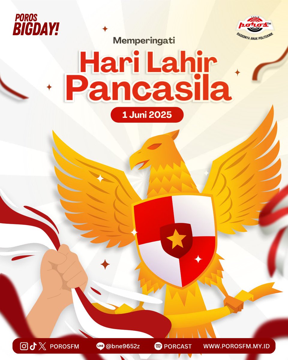 porosfm's tweet image. Selamat Hari Lahir Pancasila! 🇮🇩

1 Juni 1945, Soekarno mencetuskan dasar negara dalam pidato bersejarah yang menjadi fondasi Indonesia. Mari jaga semangat persatuan demi bangsa yang lebih maju! 💪🏻

#HariLahirPancasila #PorosFM #PorosLevelUp