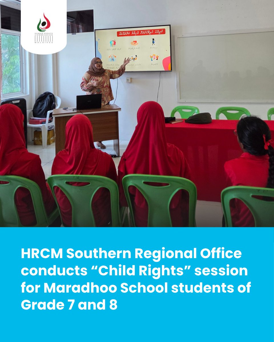 hrcmv's tweet image. HRCM Southern Regional Office conducts “Child Rights” session for Maradhoo School students of Grade 7 and 8 on 28th May.

#RightsAwareness #SRO #RightsforAll #ChildRights #Maldives #Addu
