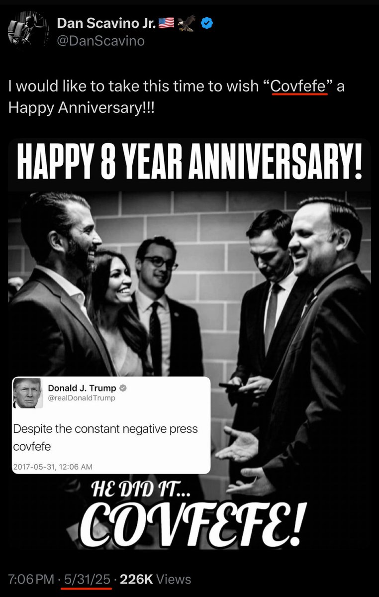 .<a href="/DanScavino/">Dan Scavino Jr.🇺🇸🦅</a> throwing down some #Covfefe for the Pepes.

[Imagine That]

#Digital1776