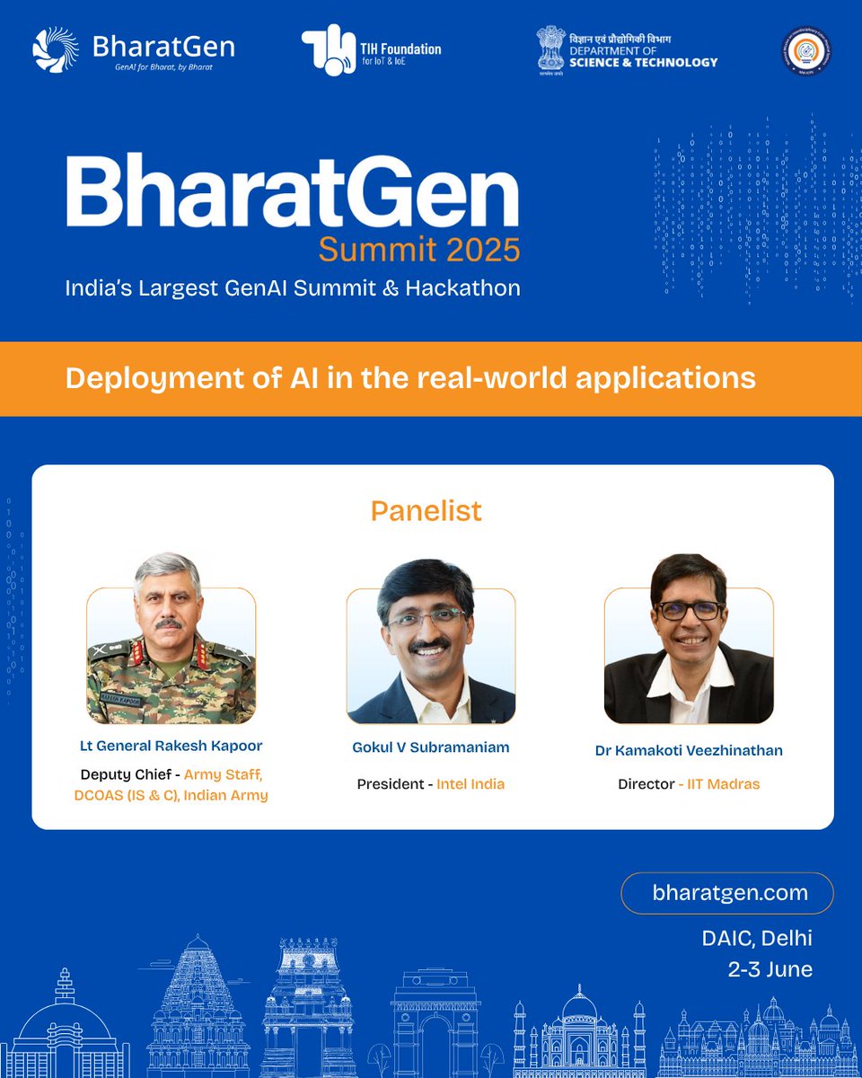 BharatGen (@bharatgen_tech) on Twitter photo This conversation at BharatGen Summit 2025 bridges national security, industry, and academia to explore how AI is being applied in real-world missions and systems.
#GenAISummit2025 #IndiaAI #BharatGen #AILeadership #RealWorldAI #TechPolicy <a href="/intel/">Intel</a> <a href="/IntelIndia/">Intel India</a> <a href="/iitmadras/">IIT Madras</a> This conversation at BharatGen Summit 2025 bridges national security, industry, and academia to explore how AI is being applied in real-world missions and systems.
#GenAISummit2025 #IndiaAI #BharatGen #AILeadership #RealWorldAI #TechPolicy <a href="/intel/">Intel</a> <a href="/IntelIndia/">Intel India</a> <a href="/iitmadras/">IIT Madras</a>