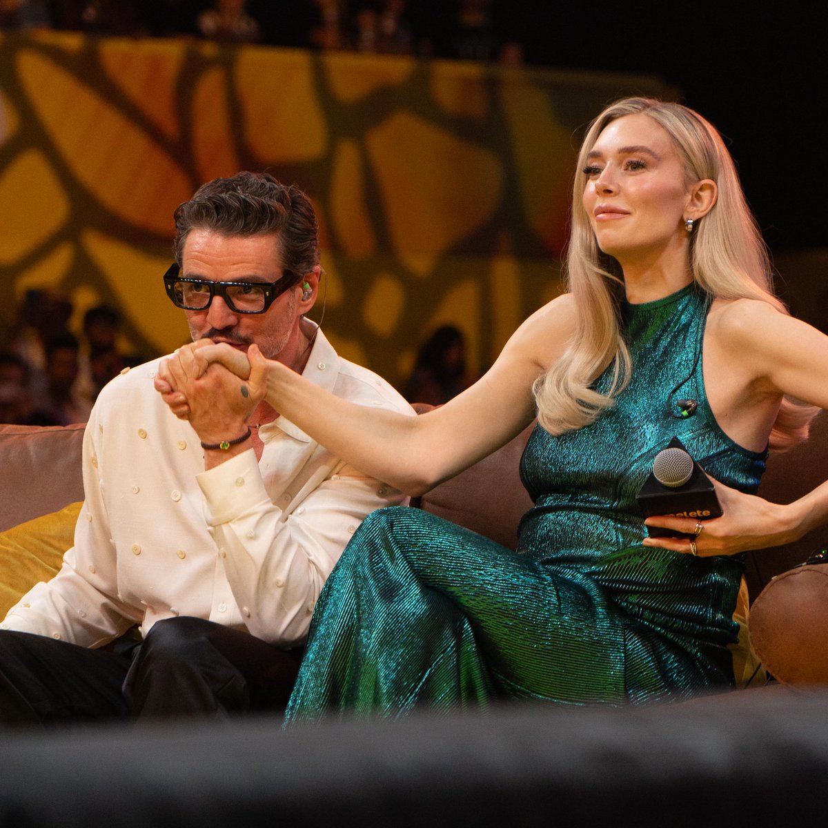 vanessaknation's tweet photo. Vanessa Kirby and Pedro Pascal on the Omelete Stage for “FANTASTIC FOUR: FIRST STEPS’ at CCXP Mexico. https://t.co/VMCei7M873