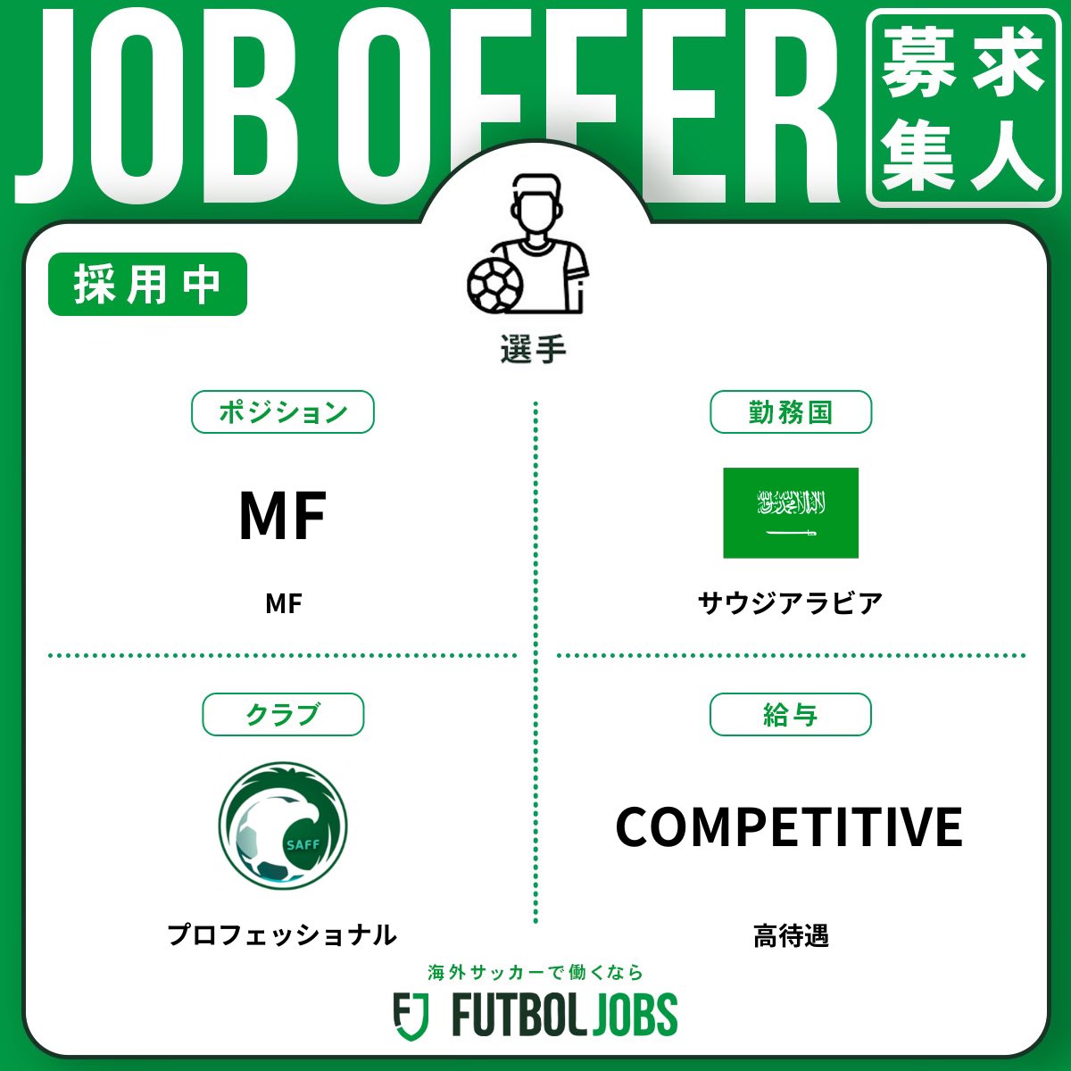 FutbolJobs_JP's tweet photo. ⚽️ #プレミアム求人
🇸🇦#サウジアラビアのクラブが選手を募集中！
応募にはプレービデオとCVが必要です。
✍🏻PV・履歴書作成や交渉サポートの 相談はDMにご連絡ください。
🔗https://t.co/6ddrTSVyvC…
💻 #フットボールジョブズ
#海外サッカー就職 #転職 #サッカー #サッカー留学 https://t.co/Cgqk03BLZJ
