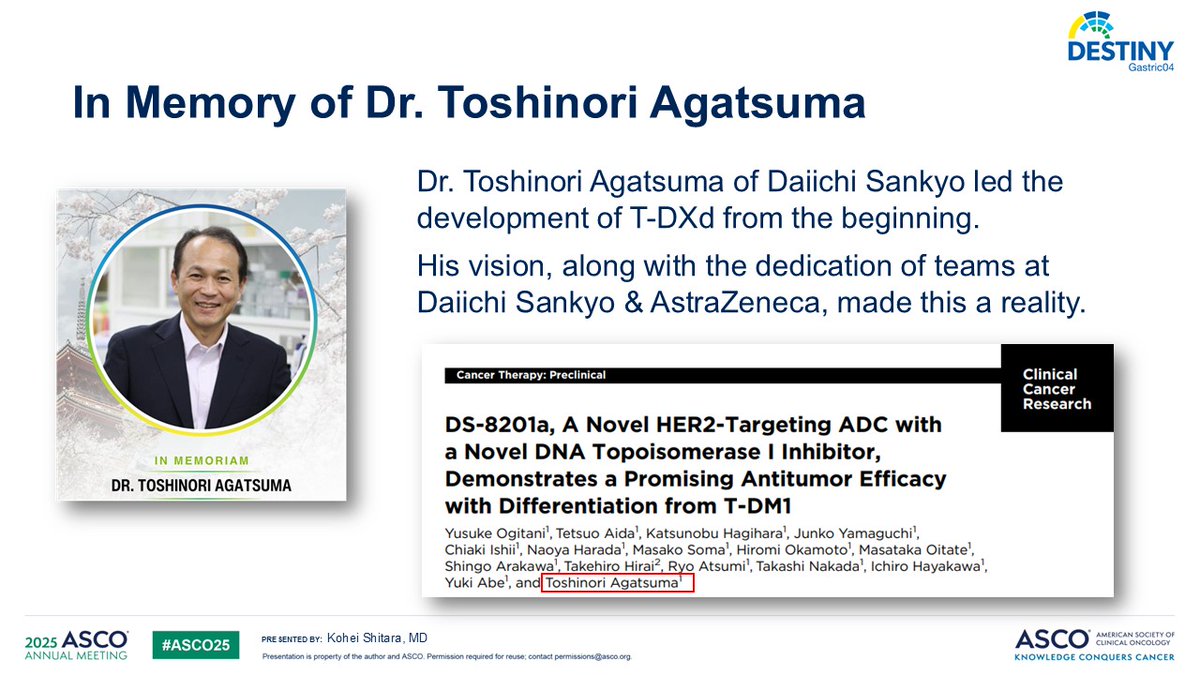 Kohei shitara (@koheishitara) on Twitter photo A tribute to Dr. Agatsuma was a meaningful moment during my DESTINY-Gastric04 presentation at #ASCO25 with <a href="/NEJM/">NEJM</a> publication. I deeply respect him and the entire team behind the development of T-DXd. <a href="/ASCO/">ASCO</a> <a href="/OncoAlert/">OncoAlert</a> <a href="/DaiichiSankyo/">Daiichi Sankyo</a> <a href="/DaiichiSankyoUS/">Daiichi Sankyo US</a> <a href="/AstraZeneca/">AstraZeneca</a> <a href="/Oncology_at_AZ/">Oncology at AstraZeneca</a> A tribute to Dr. Agatsuma was a meaningful moment during my DESTINY-Gastric04 presentation at #ASCO25 with <a href="/NEJM/">NEJM</a> publication. I deeply respect him and the entire team behind the development of T-DXd. <a href="/ASCO/">ASCO</a> <a href="/OncoAlert/">OncoAlert</a> <a href="/DaiichiSankyo/">Daiichi Sankyo</a> <a href="/DaiichiSankyoUS/">Daiichi Sankyo US</a> <a href="/AstraZeneca/">AstraZeneca</a> <a href="/Oncology_at_AZ/">Oncology at AstraZeneca</a>