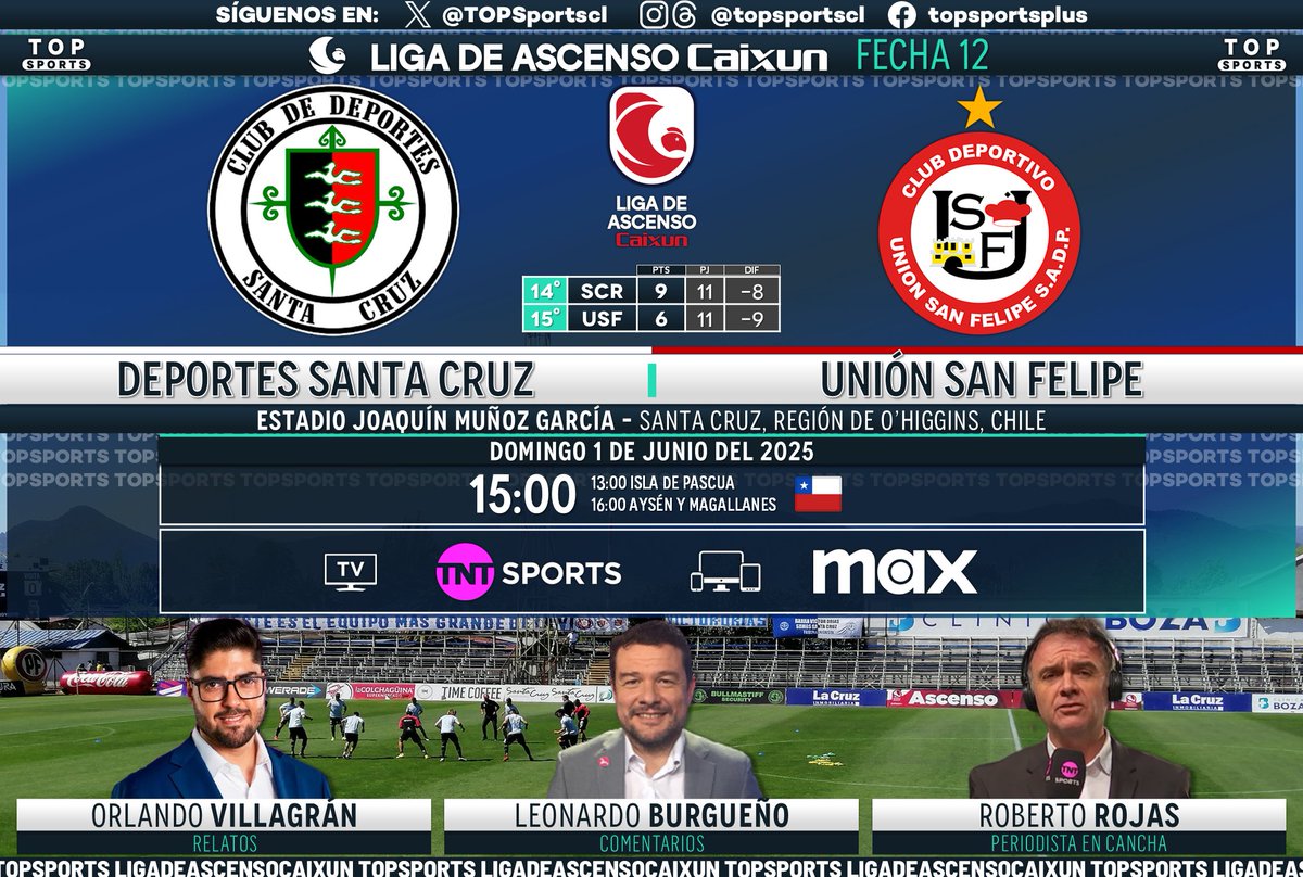 TOP Sports (@topsportscl) on Twitter photo #LigadeAscensoCaixun ⚽️🇨🇱 Fecha 12
#DeportesSantaCruz - #UniónSanFelipe
🎙️ Relatos: <a href="/ovillagranok/">Orlando Villagrán</a>
🗣️ Comentarios: <a href="/leoburgueno/">Leonardo Burgueño</a>
🏟️ Cancha: Roberto Rojas
#⃣ #MatchdayDomingo - #LigadeAscenso
🖥️ <a href="/TNTSportsCL/">TNT Sports Chile</a>
📱💻 <a href="/StreamMaxLA/">Max Latinoamérica</a> 🇨🇱
🔃❤️ #LigadeAscensoCaixun ⚽️🇨🇱 Fecha 12
#DeportesSantaCruz - #UniónSanFelipe
🎙️ Relatos: <a href="/ovillagranok/">Orlando Villagrán</a>
🗣️ Comentarios: <a href="/leoburgueno/">Leonardo Burgueño</a>
🏟️ Cancha: Roberto Rojas
#⃣ #MatchdayDomingo - #LigadeAscenso
🖥️ <a href="/TNTSportsCL/">TNT Sports Chile</a>
📱💻 <a href="/StreamMaxLA/">Max Latinoamérica</a> 🇨🇱
🔃❤️