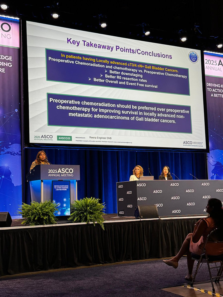 TMC Radiation Oncology (@radonctmc) on Twitter photo Honored to share highlights of <a href="/ReenaEngineer/">Reena Engineer</a>’s presentation of POLCAGB phase III trial at #ASCO2025, a game changer for locally advanced gallbladder cancer
Neoadj CRT vs CT alone:
🌟 Nearly doubled mOS (21.8 vs 10.1 months)
🌟 Significantly improved R0 resection (51.6% vs 29.7%) Honored to share highlights of <a href="/ReenaEngineer/">Reena Engineer</a>’s presentation of POLCAGB phase III trial at #ASCO2025, a game changer for locally advanced gallbladder cancer
Neoadj CRT vs CT alone:
🌟 Nearly doubled mOS (21.8 vs 10.1 months)
🌟 Significantly improved R0 resection (51.6% vs 29.7%)