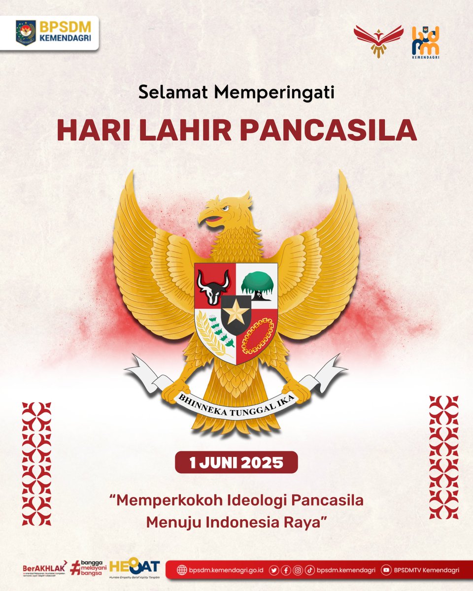 Selamat Hari Lahir Pancasila Tahun 2025

Mari kita jadikan Pancasila sebagai pedoman dalam bekerja, melayani, dan membangun negeri. Bersama, kita perkokoh ideologi Pancasila menuju Indonesia Raya!

#BPSDMHEBAT #Kemendagri #BpsdmKemendagri #HariLahirPancasila #ASNBerAKHLAK