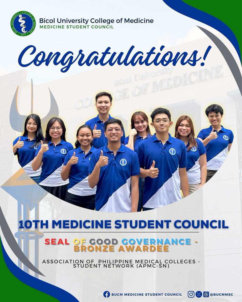 BucmMsc's tweet photo. 🏅𝗚𝗔𝗪𝗔𝗗 𝗦𝗘𝗔𝗟 𝗢𝗙 𝗚𝗢𝗢𝗗 𝗚𝗢𝗩𝗘𝗥𝗡𝗔𝗡𝗖𝗘 𝟮𝟬𝟮𝟱🏅
𝐁𝐫𝐨𝐧𝐳𝐞 𝐀𝐰𝐚𝐫𝐝𝐞𝐞 — 𝐁𝐢𝐜𝐨𝐥 𝐔𝐧𝐢𝐯𝐞𝐫𝐬𝐢𝐭𝐲 𝐂𝐨𝐥𝐥𝐞𝐠𝐞 𝐨𝐟 𝐌𝐞𝐝𝐢𝐜𝐢𝐧𝐞

💙💚🤍 

#SOGG2025 
#10thMSC 
#BUCMXcellence 
#BUCMServiceAndCompass10n https://t.co/JiFpf9WaZH