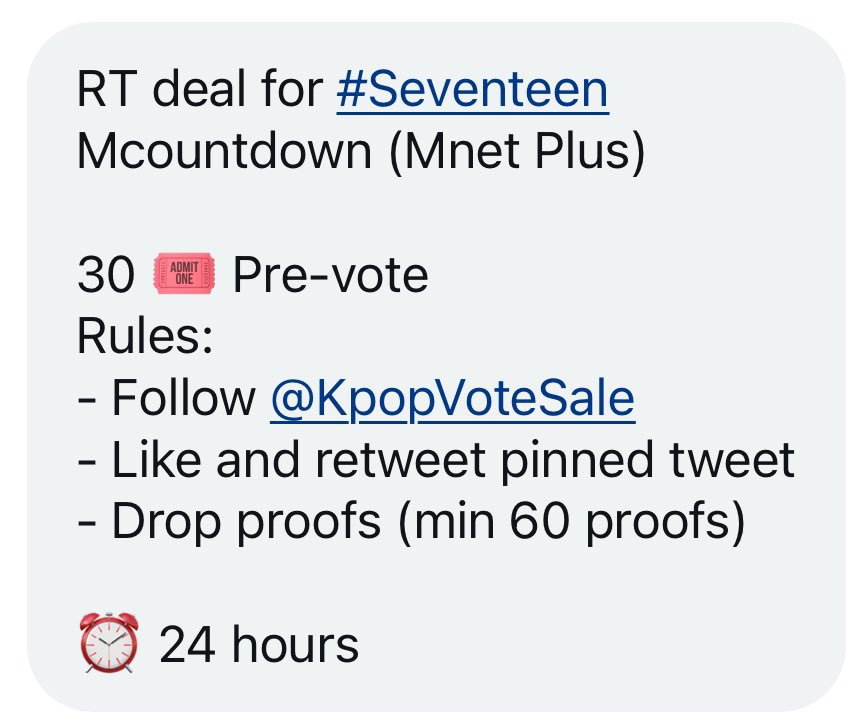 wonweyticket's tweet photo. Hi everyone! Need help again for this one🙏 Let’s finish it ASAP🙏

RT deal for #Seventeen
Mcountdown (Mnet Plus) 

30 🎟 Pre-vote
Rules:
- Follow @KpopVoteSale
- Like and retweet pinned tweet
- Drop proofs (min 60 proofs)

⏰️ 24 hours https://t.co/TLtoZMqeT7
