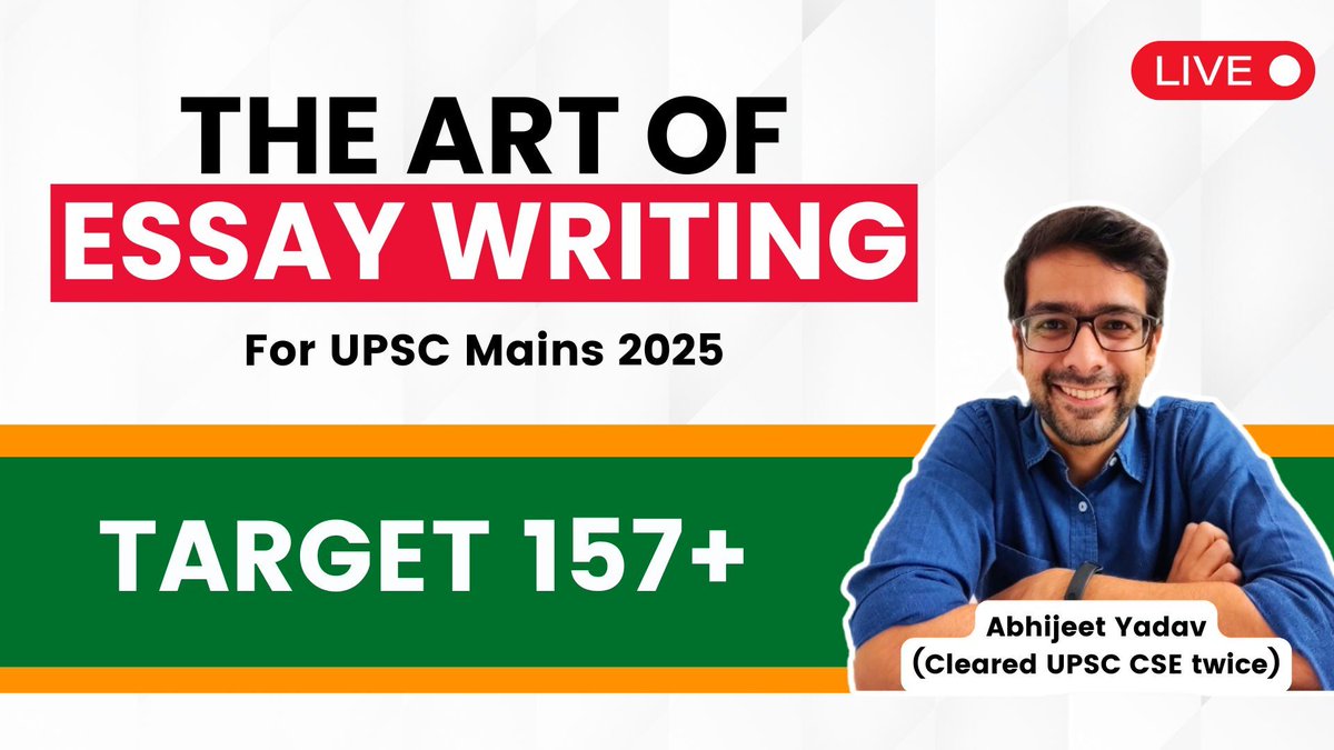 Hello everyone! 👋🏻 

Our first session of the Mains Excel Program is open to all and LIVE NOW on our YouTube channel. We hope you're ready with a pen and a notebook!

Session: The Art of Essay Writing with Abhijeet Yadav

Time: Today, 10 AM

Link: youtube.com/live/a_FW5tA4E…