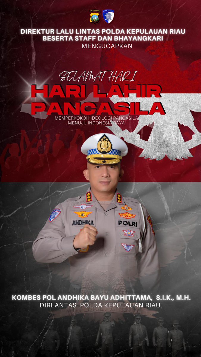 Direktur Lalu Lintas Polda Kepulauan Riau Beserta staff Dan Bhayangkari Mengucapkan Selamat Hari Lahir Pancasila.

POLANTAS SIGAP

Salam sehat - salam presisi - salam sigap

#polripresisi
#humaspolri
#polisiindonesia
#korlantaspolri
#ntmcpolri
#halo_polisi
#polisilalulintas