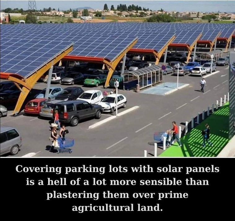 Solar panels on farmland? Or over parking lots baking in the sun anyway?

📷 Which makes more sense to you?