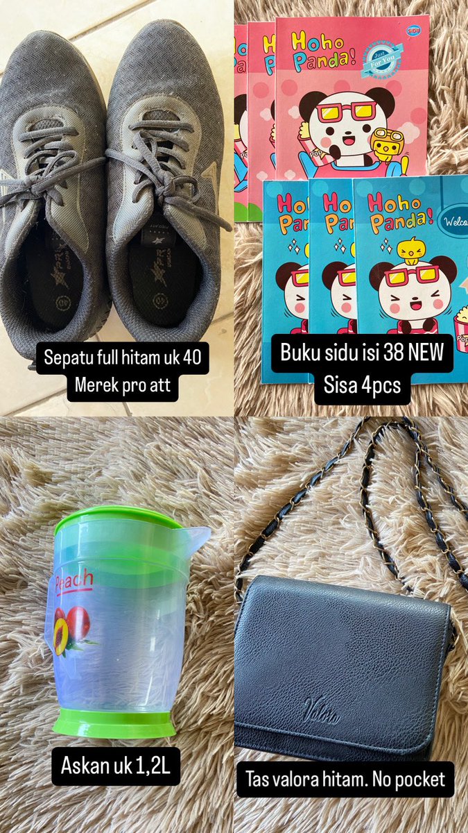 Preloved

Sepatu hitam uk 40 pro att. Masih bagus banget. Dipakai waktu prastudi aja. jual 40k

Buku sidu new isi 38 take all 8k

Askan 1.2 L, cuma dipakai pas puasa 5k

Tas hitam valora. No pocket. 30k

📍Dinoyo Mlg

Masih bisa nego tipis
Payment bisa cod, qris, tf, co shopee