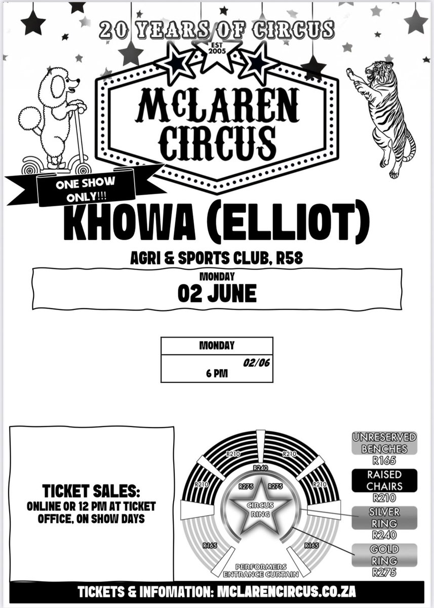 mclarenscircus's tweet photo. Don't miss @mclarenscircus Spectacular next Show in #Khowa on Monday at 7pm๐ช๐๐ฆ๐ฏ๐ด๐ฉ๐ช๐คก๐ฉ๐ฅณ๐โค๏ธ
Coming Soon to #Ugie #Matatiele #Kokstad & #PortShepstone #KZN #KwaZuluNatal #EasternCape Naya Beauty #AshleyOgleWorldDay Blessed Sunday
Buy Tickets Online: https://t.co/Y5XPaa1RcI https://t.co/VNeg2jybAn