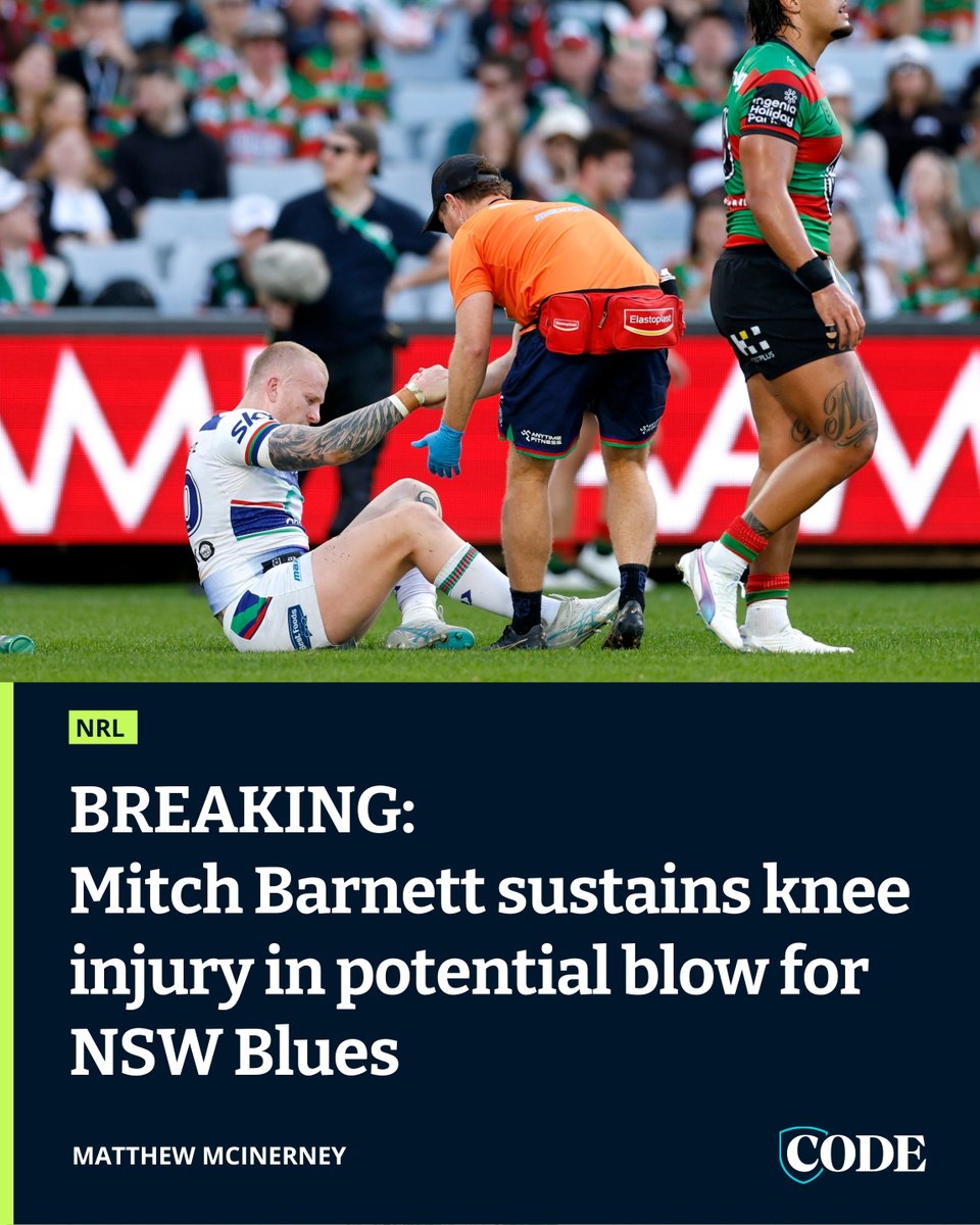 codenrl's tweet photo. Mitch Barnett’s afternoon is over as a result of his knee injury in what could be a major blow for NSW.

FOLLOW LIVE ▶️ https://t.co/SqT4yinSNX https://t.co/B32kl4W1AQ