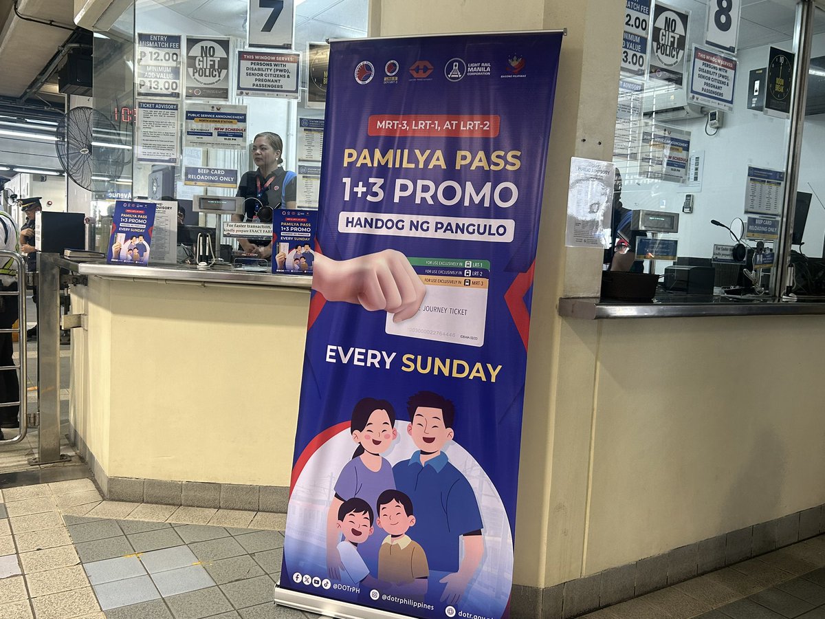 Commuters can now enjoy the “Pamilya Pass 1+3 Promo” in MRT-3, LRT-1, and LRT-2 stations every Sunday, starting June 1.

For every one paying ride, three accompanying rides are free. 

<a href="/inquirerdotnet/">Inquirer</a>