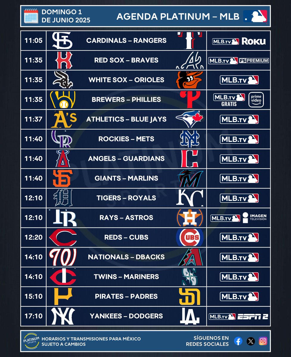 ¡DOMINGO DBEISBOLERO DE MLB!

⚾️ #AgendaPLATINUM - #MLB 
🗓️ Domingo 1 de Junio de 2025

⏰📺 Horarios y transmisiones para México 🇲🇽
⚠️ Sujeto a cambios.