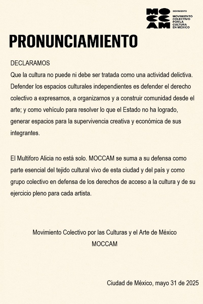 No basta con remoción de mandos urge esclarecer ¿Quién está detrás del hostigamiento contra El <a href="/ForoAlicia/">Foro Alicia</a>?
<a href="/Claudiashein/">Claudia Sheinbaum Pardo</a> <a href="/GobiernoMX/">Gobierno de México</a> <a href="/ClaraBrugadaM/">Clara Brugada Molina</a> <a href="/SeGobCDMX/">SEGOB CDMX</a> <a href="/CulturaCiudadMx/">Secretaría de Cultura de la Ciudad de México</a> <a href="/SSPCMexico/">Secretaría de Seguridad y Protección Ciudadana</a> <a href="/PabloVazC/">Pablo Vázquez Camacho</a> <a href="/GN_MEXICO_/">Guardia Nacional</a> <a href="/Defensamx1/">@Defensamx</a> <a href="/FiscaliaCDMX/">Fiscalía CDMX</a> <a href="/AlcCuauhtemocMx/">Alcaldía Cuauhtémoc</a> <a href="/AlessandraRdlv/">Alessandra Rojo de la Vega</a> <a href="/pablo/">Pablo A. David</a>