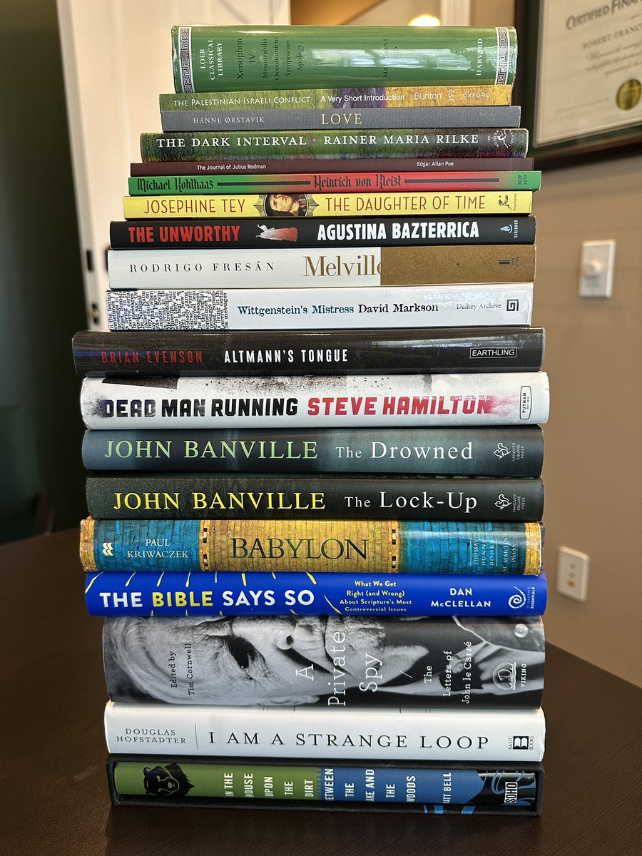 Rob (@darwin8u) on Twitter photo May reads. Favorites? Bell’s In the House Upon.., Evenson’s Altmann’s Tongue, Fresán’s Melvill, Kohlhaas’ Heinrich von Kleist, Rilke’s Dark Interval, Ørstavik’s Love, Markson’s Wittgenstein’s Mistress, le Carré’s Letters, Xenophon’s Memorabilia, & <a href="/maklelan/">Dan McClellan</a>’s The Bible Says So. May reads. Favorites? Bell’s In the House Upon.., Evenson’s Altmann’s Tongue, Fresán’s Melvill, Kohlhaas’ Heinrich von Kleist, Rilke’s Dark Interval, Ørstavik’s Love, Markson’s Wittgenstein’s Mistress, le Carré’s Letters, Xenophon’s Memorabilia, & <a href="/maklelan/">Dan McClellan</a>’s The Bible Says So.