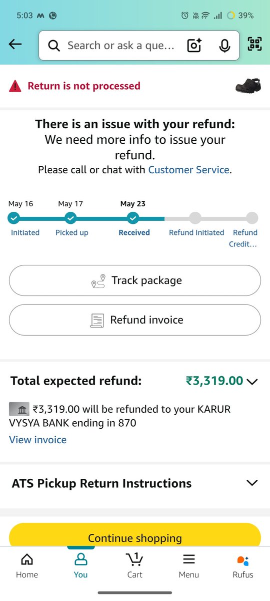 <a href="/amazonIN/">Amazon India</a> I returned a product (Crocs worth ₹3,300) on May 17.
I was promised a refund by June 1, but I haven't received it.
Customer support now says the return was rejected.
No refund, no replacement, and no product back.
This is unacceptable and very disappointing.
#Amazon