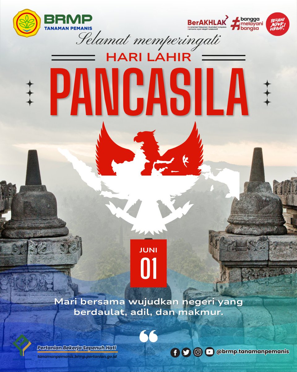 BRMPPemanis's tweet photo. Selamat Hari Lahir Pancasila – 1 Juni 2025 🇮🇩

Mari terus bekerja sepenuh hati demi mewujudkan pertanian yang mandiri, maju, dan berkelanjutan, demi Indonesia yang berdaulat, adil, dan makmur.

#brmp
#brmppemanis
#brmpperkebunan
#brmpkementan
#kementerianpertanian https://t.co/d3mHiFlroZ