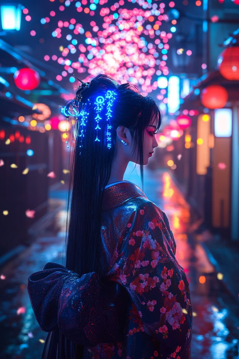 LaggyPixcelDog's tweet photo. She walks alone where memories hum in neon.
Her silence louder than any anthem.
#Midjourney #AIart #cybergeisha #neonjapan #digitalpoetry https://t.co/AEXZ5MfWNV