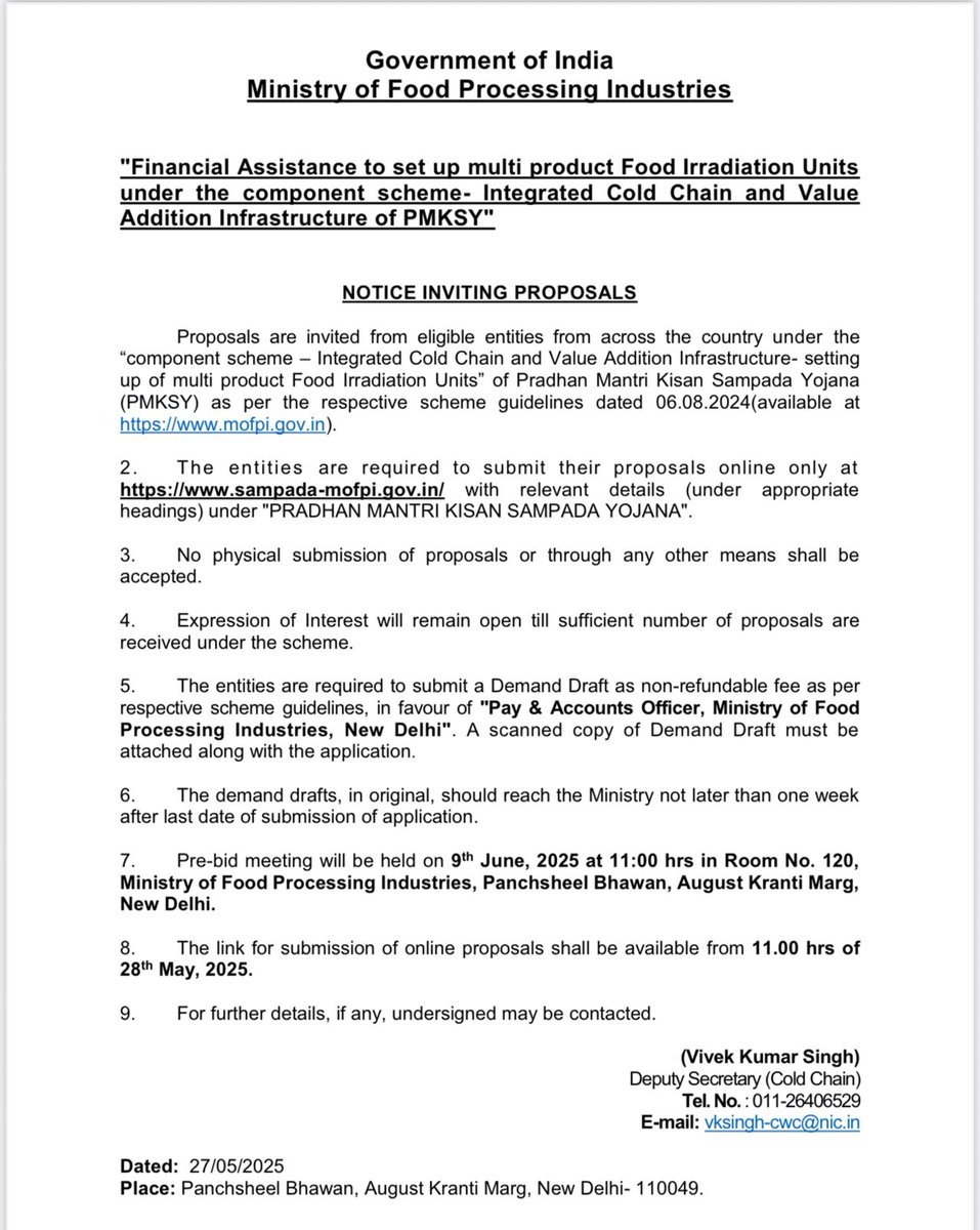 Ministry of Food Processing Industries (@mofpi_goi) on Twitter photo рдЦрд╛рджреНрдп рдкреНрд░рд╕рдВрд╕реНрдХрд░рдг рдЙрджреНрдпреЛрдЧ рдордВрддреНрд░рд╛рд▓рдп #ColdChainScheme рдХреЗ рддрд╣рдд рдмрд╣реБ-рдЙрддреНрдкрд╛рдж #FoodIrradiation рдпреВрдирд┐рдЯ рдХреА рд╕реНрдерд╛рдкрдирд╛ рд╣реЗрддреБ
рдпреЛрдЧреНрдп рдкрд░рд┐рдпреЛрдЬрдирд╛рдУрдВ рдХреЛ рд╡рд┐рддреНрддреАрдп рд╕рд╣рд╛рдпрддрд╛ рдкреНрд░рджрд╛рди рдХрд░рдиреЗ рдХреЗ рд▓рд┐рдП рдкреНрд░рд╕реНрддрд╛рд╡ рдЖрдордВрддреНрд░рд┐рдд рдХрд░ рд░рд╣рд╛ рд╣реИред
рдЖрд╡реЗрджрди рд╣реЗрддреБ sampada-mofpi.gov.in рдкрд░ рдЬрд╛рдПрдВред рдЦрд╛рджреНрдп рдкреНрд░рд╕рдВрд╕реНрдХрд░рдг рдЙрджреНрдпреЛрдЧ рдордВрддреНрд░рд╛рд▓рдп #ColdChainScheme рдХреЗ рддрд╣рдд рдмрд╣реБ-рдЙрддреНрдкрд╛рдж #FoodIrradiation рдпреВрдирд┐рдЯ рдХреА рд╕реНрдерд╛рдкрдирд╛ рд╣реЗрддреБ
рдпреЛрдЧреНрдп рдкрд░рд┐рдпреЛрдЬрдирд╛рдУрдВ рдХреЛ рд╡рд┐рддреНрддреАрдп рд╕рд╣рд╛рдпрддрд╛ рдкреНрд░рджрд╛рди рдХрд░рдиреЗ рдХреЗ рд▓рд┐рдП рдкреНрд░рд╕реНрддрд╛рд╡ рдЖрдордВрддреНрд░рд┐рдд рдХрд░ рд░рд╣рд╛ рд╣реИред
рдЖрд╡реЗрджрди рд╣реЗрддреБ sampada-mofpi.gov.in рдкрд░ рдЬрд╛рдПрдВред