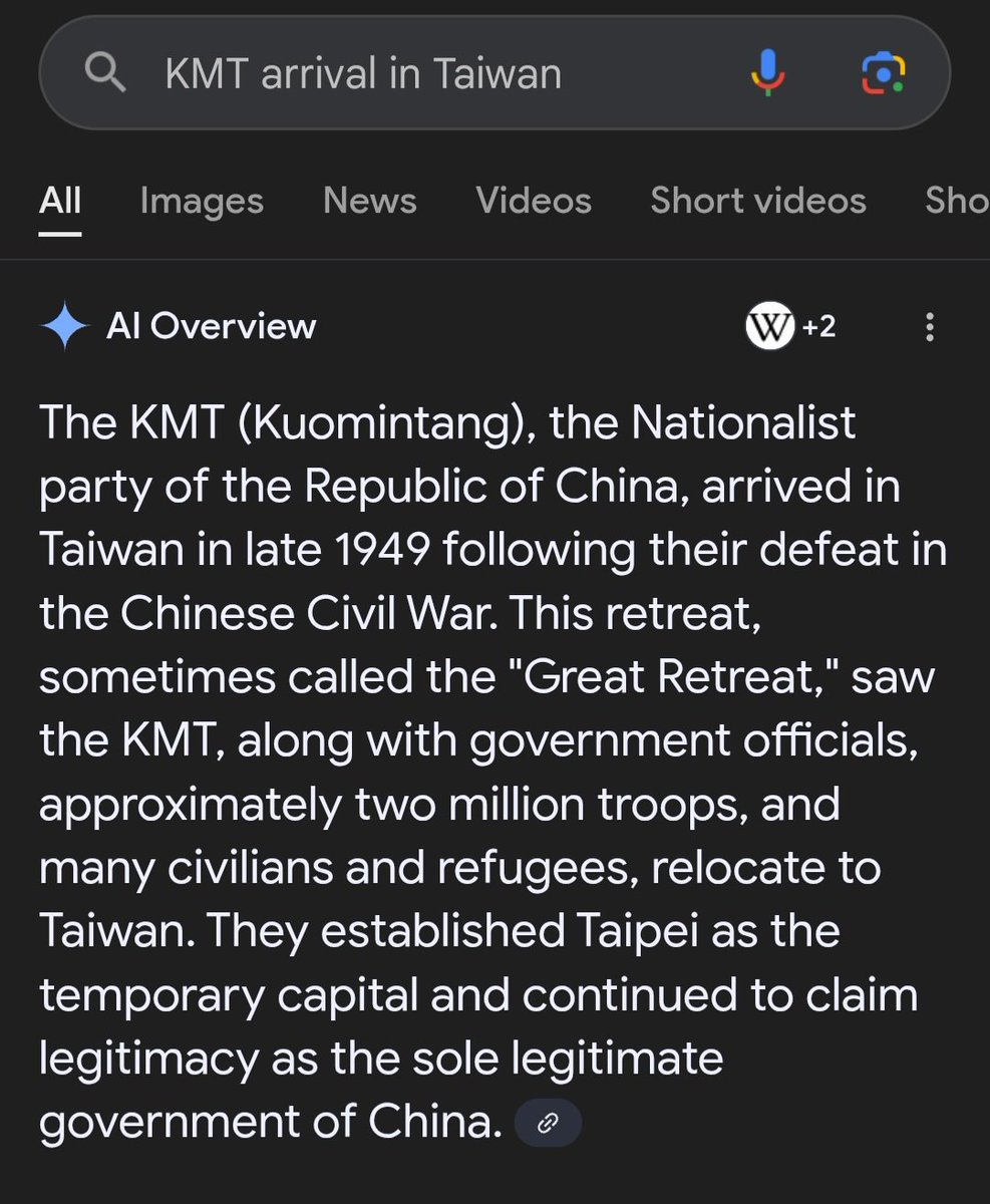 Reminder to be wary of AI overviews. This response to a Google search of when the KMT arrived in Taiwan is off by four years - the KMT arrived here in late 1945, after Japan's surrender.