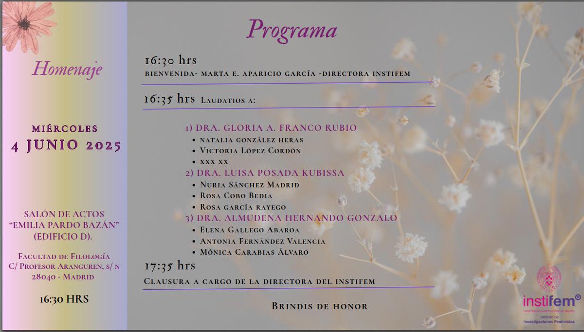 FiloSociedadUCM's tweet image. Tributo a una gran Vida
Investigadoras Senior
Homenaje a Gloria A. Franco Rubio, Luisa Posada Kubissa y Almudena Hernando Gonzalo
🗓️4 de junio - 16.30 h.
🏠Salón de Actos "Emilia Pardo Bazán" (Edificio D)
