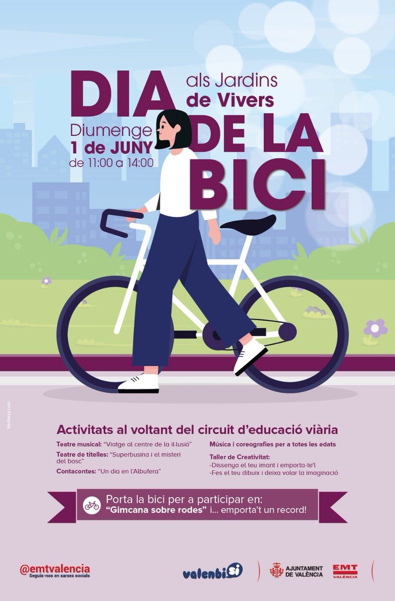 AjuntamentVLC's tweet image. 🚲 El 3 de juny és el #DiadelaBici i volem pedalejar-lo en família!

🤸‍♀️Hui t'esperem en una jornada sobre rodes per festejar este mitjà de transport saludable i #sostenible!

⏰ D'11 a 14 h
📍 Jardins dels #Vivers
🎉 Amb teatre, música, tallers, gimcana i ➕