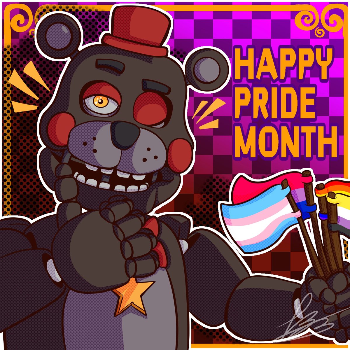 StudiosForsaken's tweet image. Happy Pride Month from Forsaken Studios! 🏳️🌈 #FNAF #PrideMonth (Art by Tharamar33! 💜)