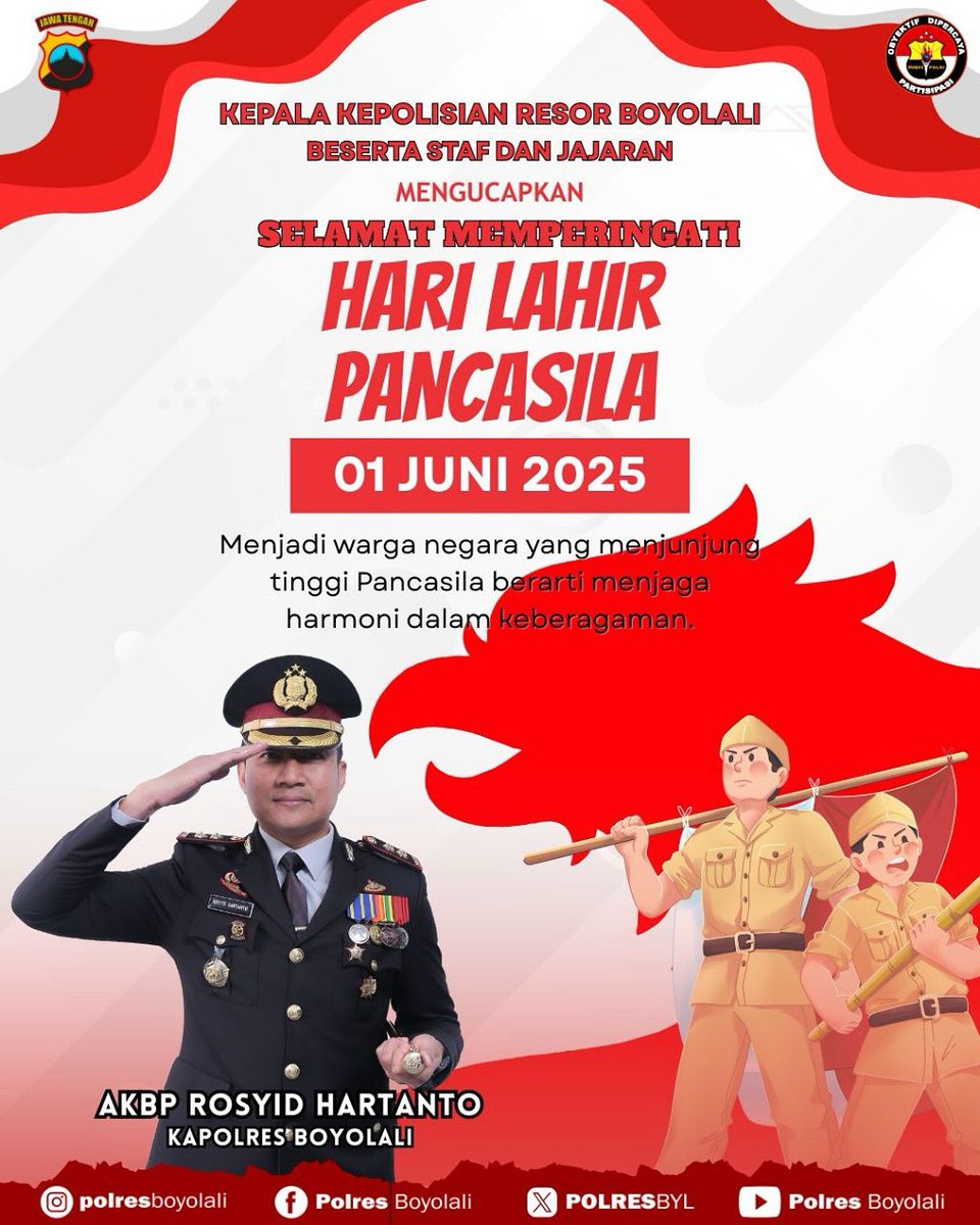POLRESBYL's tweet photo. KEPALA KEPOLISIAN RESOR BOYOLALI BESERTA STAF DAN JAJARAN Mengucapkan

SELAMAT HARI LAHIR PANCASILA 1 JUNI 2025

#kapolresboyolali 
#harilahirpancasila 
#1juni2025 
#polresboyolali 
#polresboyolalimelayanimelindungimasyarakat 
#polriuntukmasyarakat https://t.co/CanlfAlDBR