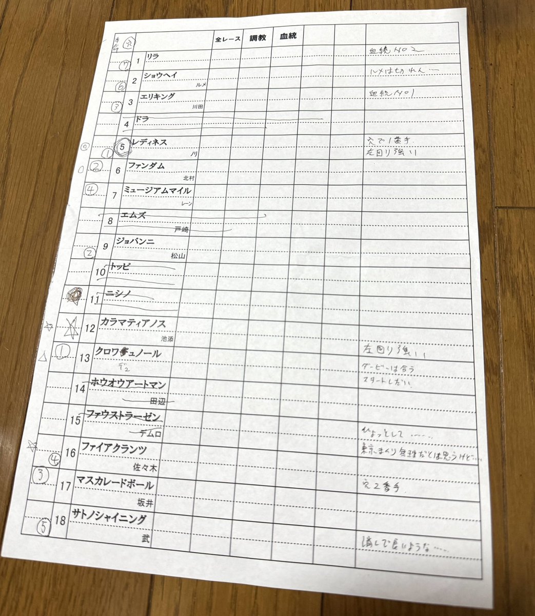 これが！昨日の配信で言ってた職場の競馬おじさんが忙しい業務の合間に作ってた必勝ノートだ…！！！（仕事しろ）

これでダービーはもらった！！！🏇